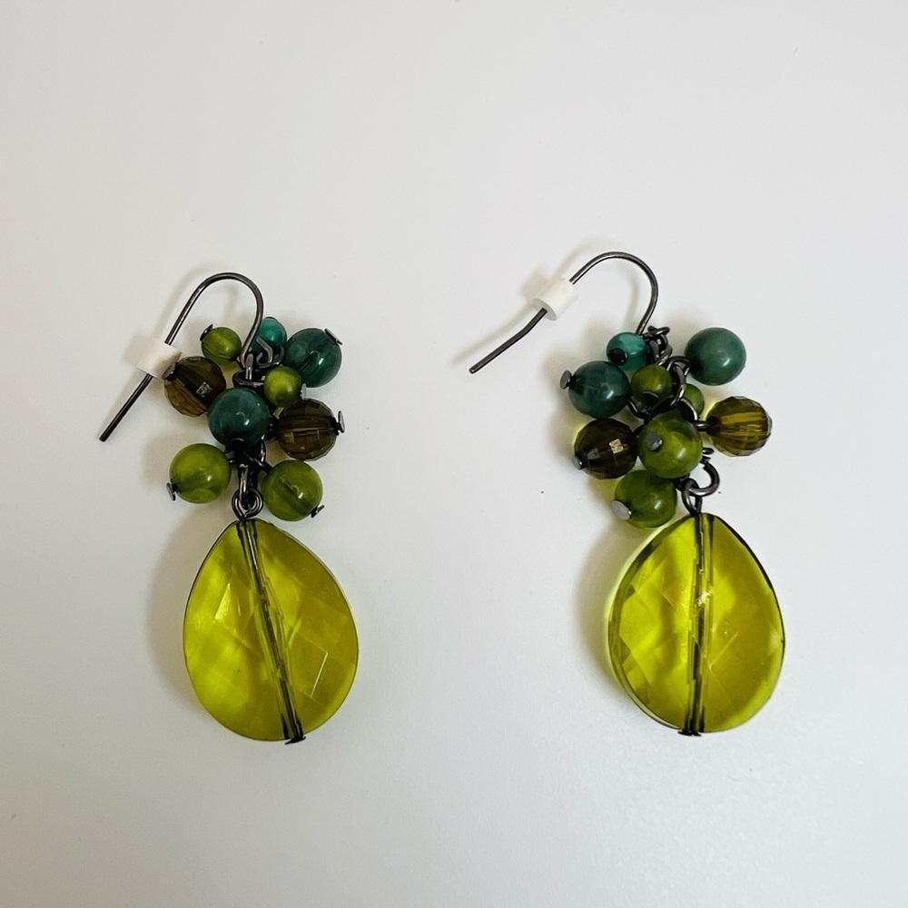Vintage Green Beaded Drop Earrings Faceted Teardrop Boho Style